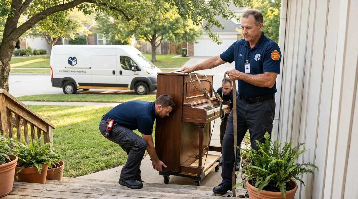 Licensed piano movers securing grand piano in Montgomery, WV