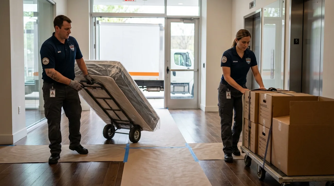 Professional apartment movers loading elevator in Montgomery, WV